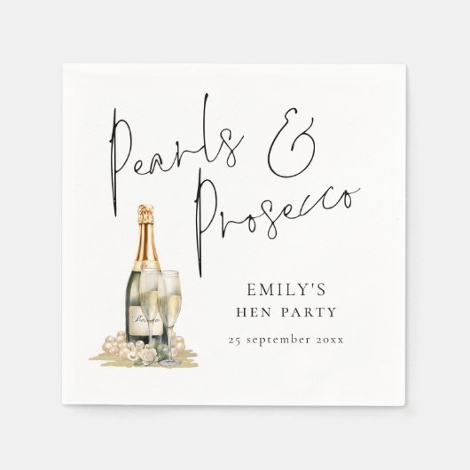 Serviette En Papier Elégant Script Pearls et Prosecco Hen Party (Devant)