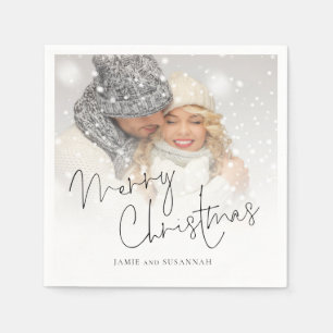 Serviette En Papier Élégant Script Photo Overlay Noms Joyeux Noël