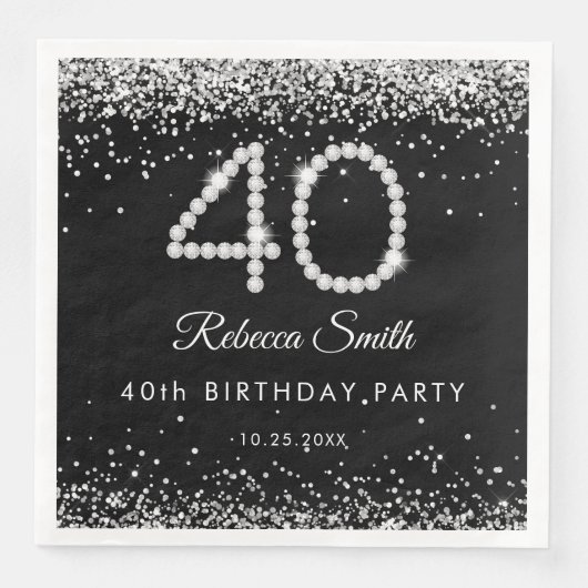Serviette En Papier Elégant Silver Diamonds 40e fête d'anniversaire (Devant)