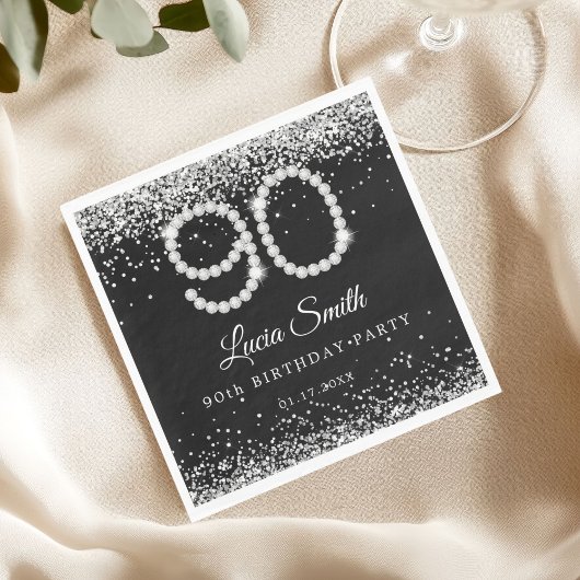 Serviette En Papier Elegant Silver Diamonds 90th Birthday Party