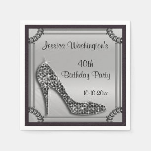 Serviette En Papier Elégant Silver encadré Black Stiletto 40e annivers