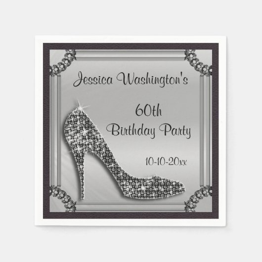 Serviette En Papier Elégant Silver encadré Black Stiletto 60e annivers (Devant)