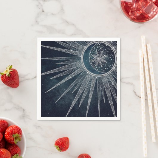 Serviette En Papier Elégant Silver Sun Moon Doodle Mandala Blue Design (En situation)