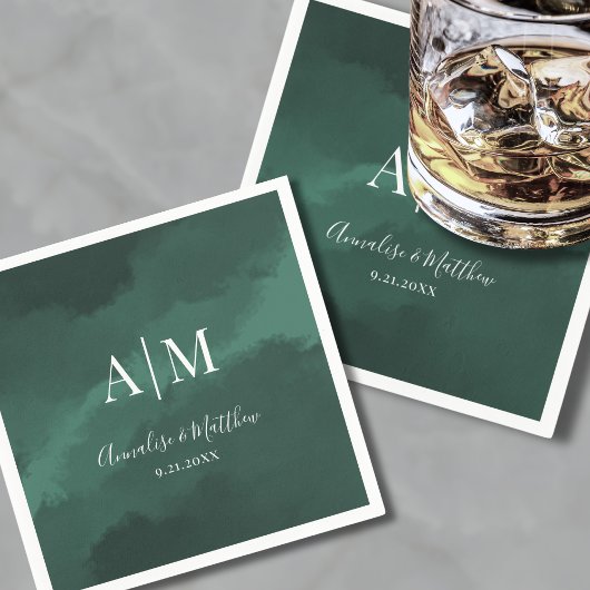 Serviette En Papier Élégant Simple Monogramme Noms Mariage vert