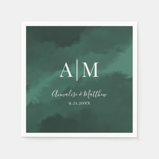 Serviette En Papier Élégant Simple Monogramme Noms Mariage vert (Devant)