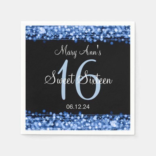 Serviette En Papier Élégant Sweet 16 Anniversaire Fête Étincelle Bleu (Devant)