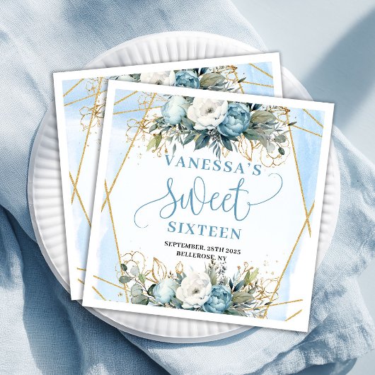Serviette En Papier Elegant Sweet 16th Dusty Blue Greenery Table 