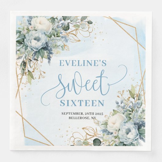 Serviette En Papier Elegant Sweet Sixteen 16 Dusty Blue Floral Party (Devant)