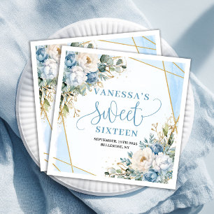 Serviette En Papier Élégant Sweet Sixteen aquarelle fleurs bleues