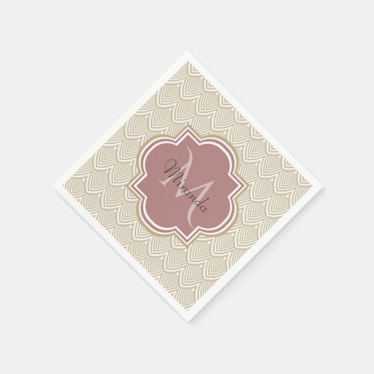 Serviette En Papier Élégant Tan Arched Scallops Mauve Monogramme Nom (Coin)