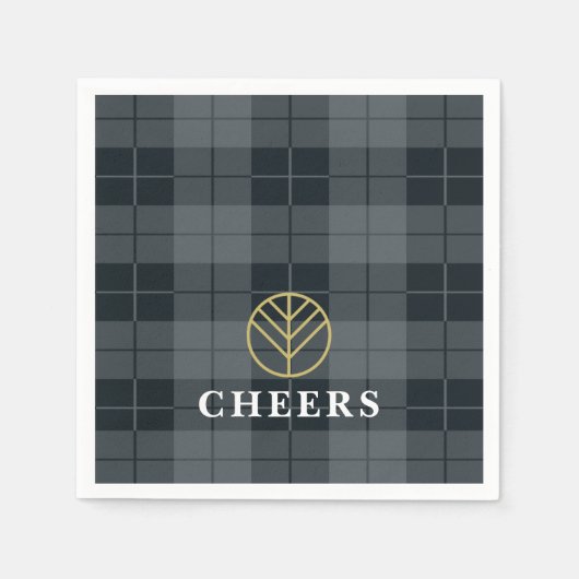 Serviette En Papier Élégant Tartan Noir Plaid Monogramme (Devant)
