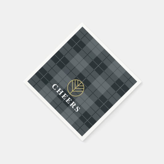 Serviette En Papier Élégant Tartan Noir Plaid Monogramme (Coin)