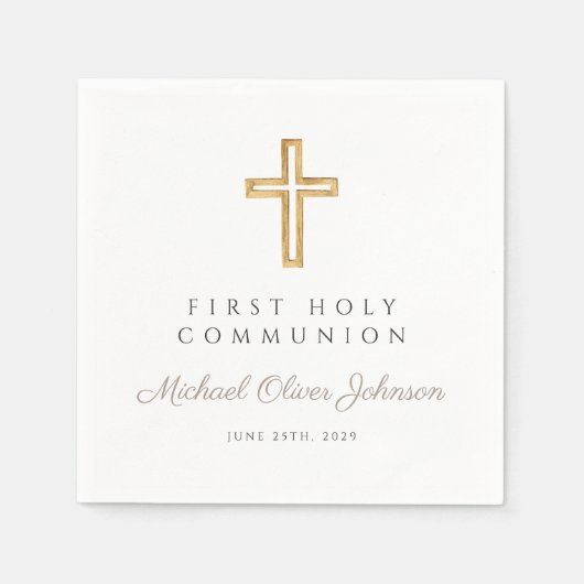 Serviette En Papier Elégant Taupe Croix Religieuse Première Communion (Devant)