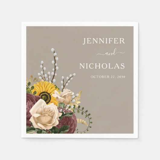 Serviette En Papier Élégant Taupe Mariage de tournesols (Devant)