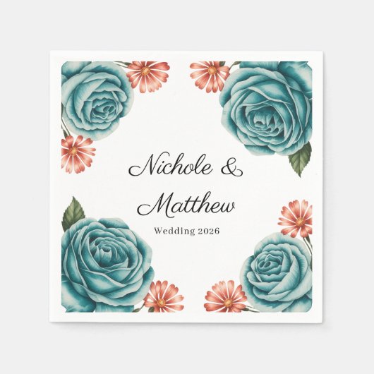 Serviette En Papier Elegant Teal Rose & Orange Daisey Wedding (Devant)