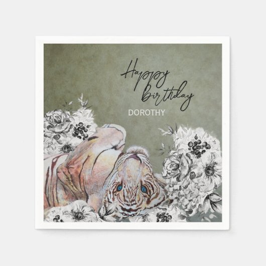 Serviette En Papier Elégant Tiger Botanique Sage Or Anniversaire (Devant)
