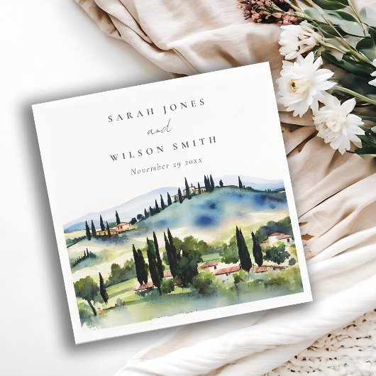 Serviette En Papier Elégant Toscane Italie Aquarelle Mariage paysage