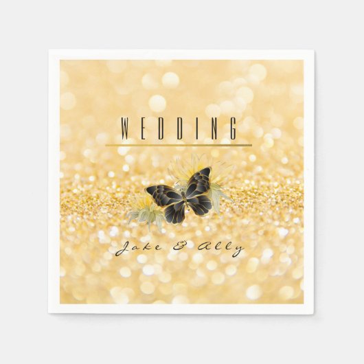 Serviette En Papier Élégant tournesol étincelant noir papillon or (Devant)