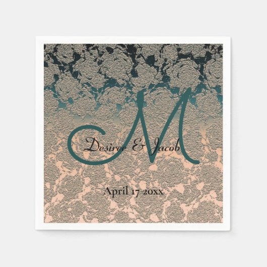 Serviette En Papier Élégant Turquoise Et Champagne Mariage thème Monog (Devant)