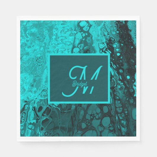 Serviette En Papier Élégant Turquoise Fluid Script monogramme Art (Devant)