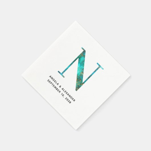 Serviette En Papier Elégant Turquoise Mariage Or N Monogramme (Coin)