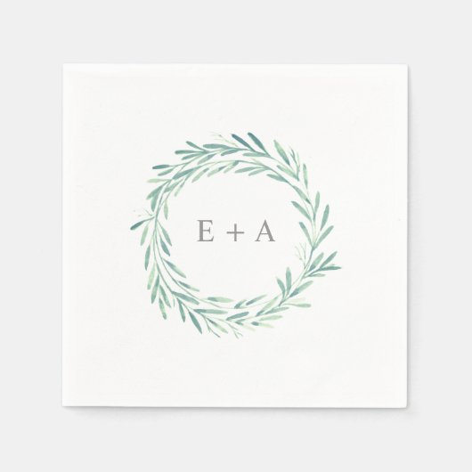 Serviette En Papier Élégant vert Aquarelle Mariage de monogramme de co (Devant)