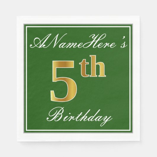 Serviette En Papier Elégant Vert, Faux Gold 5e anniversaire; Nom perso (Devant)