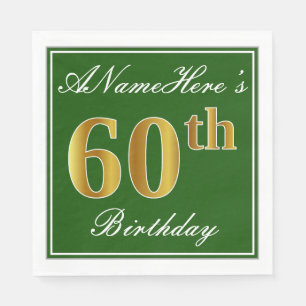 Serviette En Papier Elégant Vert, Faux Gold 60e anniversaire + Nom