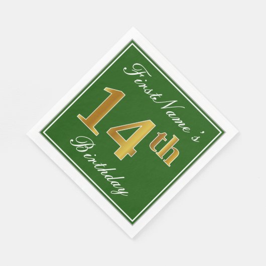 Serviette En Papier Elégant Vert, Faux Or 14ème Anniversaire + Nom (Coin)