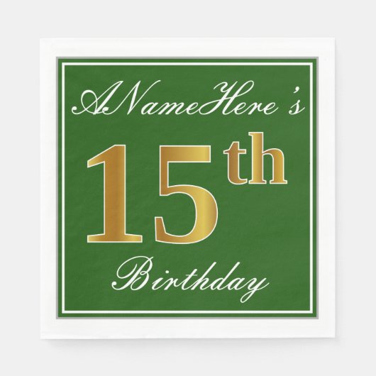 Serviette En Papier Elégant Vert, Faux Or 15ème Anniversaire + Nom (Devant)