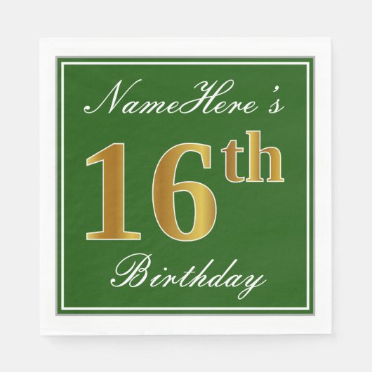 Serviette En Papier Elégant Vert, Faux Or 16ème Anniversaire + Nom (Devant)