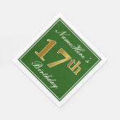 Serviette En Papier Elégant Vert, Faux Or 17ème Anniversaire + Nom (Coin)