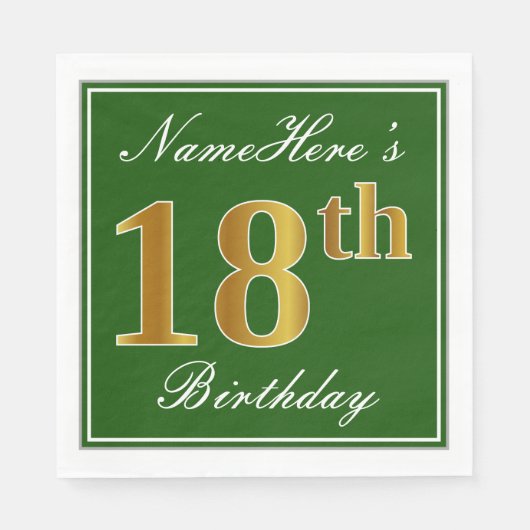 Serviette En Papier Elégant Vert, Faux Or 18ème Anniversaire + Nom (Devant)