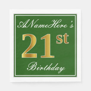 Serviette En Papier Elégant Vert, Faux Or 21ème Anniversaire + Nom