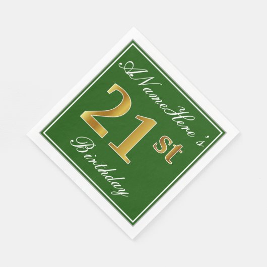 Serviette En Papier Elégant Vert, Faux Or 21ème Anniversaire + Nom (Coin)