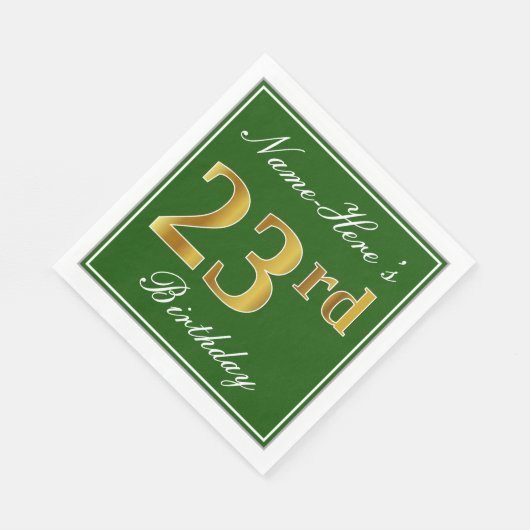 Serviette En Papier Elégant Vert, Faux Or 23ème Anniversaire + Nom (Coin)