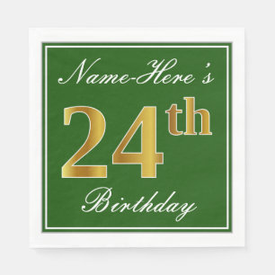 Serviette En Papier Elégant Vert, Faux Or 24ème Anniversaire + Nom