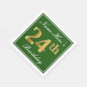 Serviette En Papier Elégant Vert, Faux Or 24ème Anniversaire + Nom (Coin)