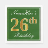 Serviette En Papier Elégant Vert, Faux Or 26ème Anniversaire + Nom (Devant)