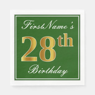 Serviette En Papier Elégant Vert, Faux Or 28ème Anniversaire + Nom