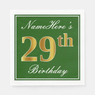Serviette En Papier Elégant Vert, Faux Or 29ème Anniversaire + Nom