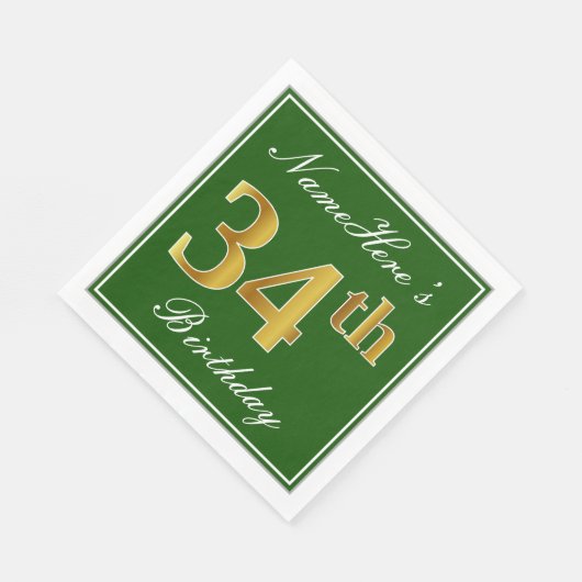 Serviette En Papier Elégant Vert, Faux Or 34ème Anniversaire + Nom (Coin)