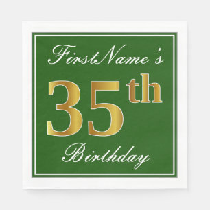 Serviette En Papier Elégant Vert, Faux Or 35ème Anniversaire + Nom