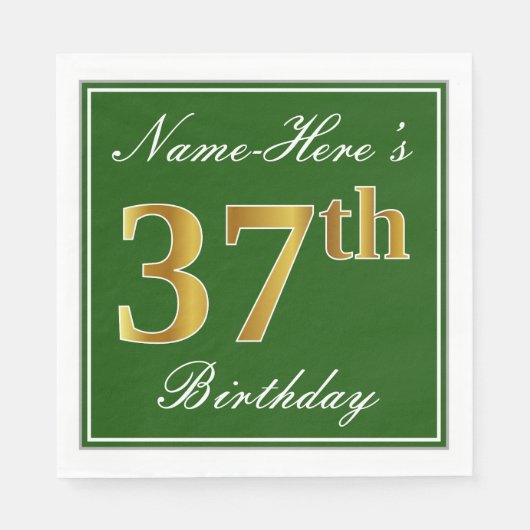 Serviette En Papier Elégant Vert, Faux Or 37ème Anniversaire + Nom (Devant)