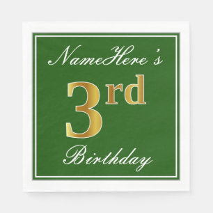 Serviette En Papier Elégant Vert, Faux Or 3ème Anniversaire ; Nom pers