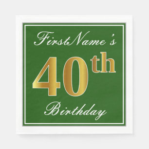 Serviette En Papier Elégant Vert, Faux Or 40ème Anniversaire + Nom