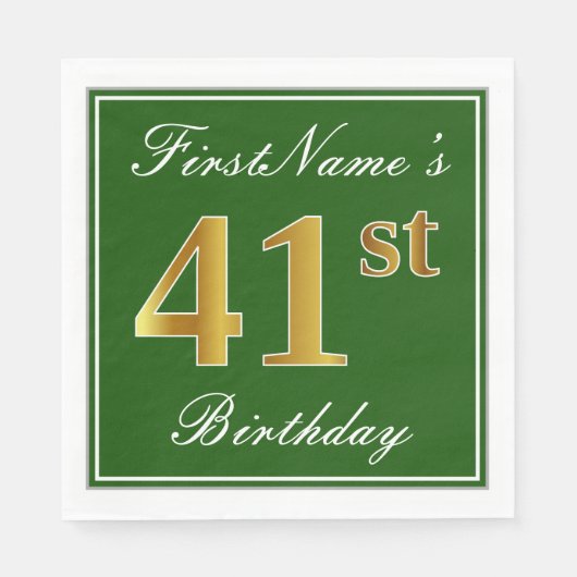 Serviette En Papier Elégant Vert, Faux Or 41ème Anniversaire + Nom (Devant)