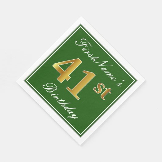 Serviette En Papier Elégant Vert, Faux Or 41ème Anniversaire + Nom (Coin)