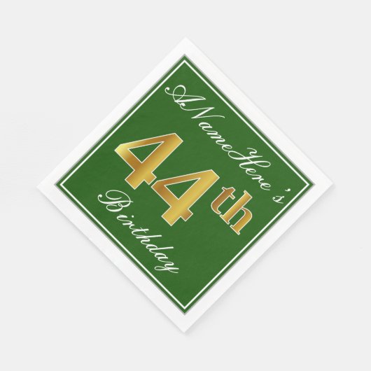 Serviette En Papier Elégant Vert, Faux Or 44ème Anniversaire + Nom (Coin)