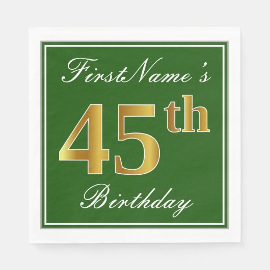 Serviette En Papier Elégant Vert, Faux Or 45ème Anniversaire + Nom (Devant)